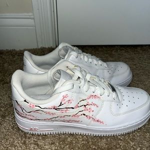 women’s 8.5 custom white nike air force 1 (AF1) cherry blossom tree